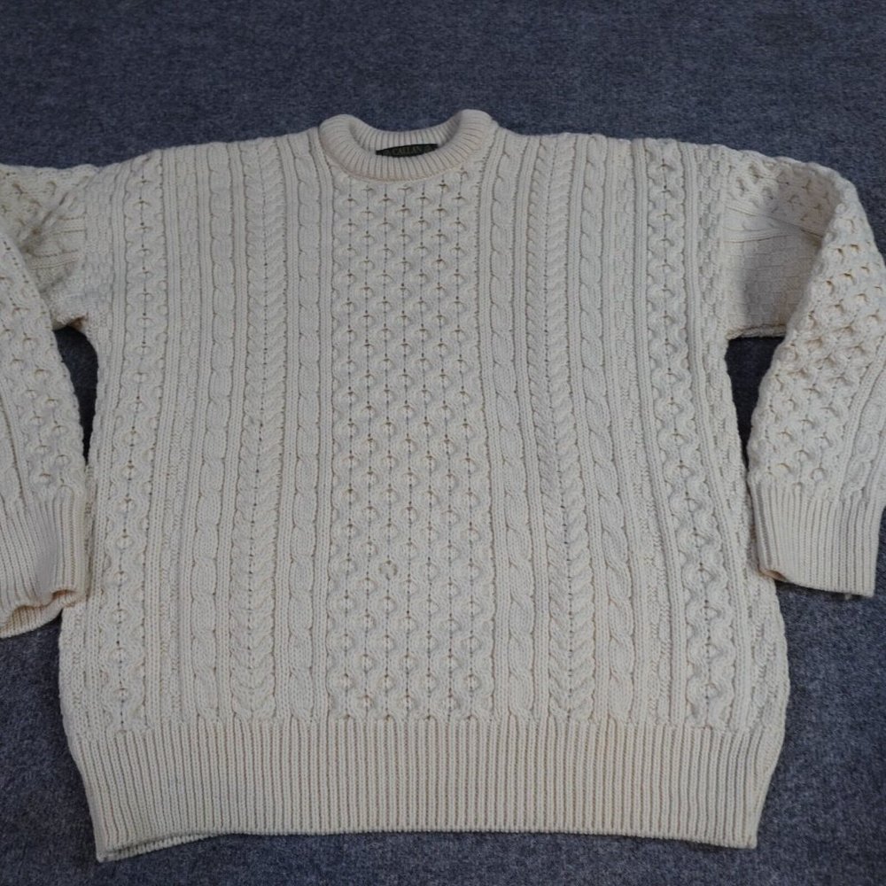 Callan Men's Sweater L Ivory Solid 100% Merino Wool Chunky Knit Fisherman